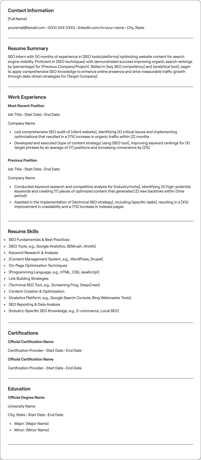 SEO Intern resume example