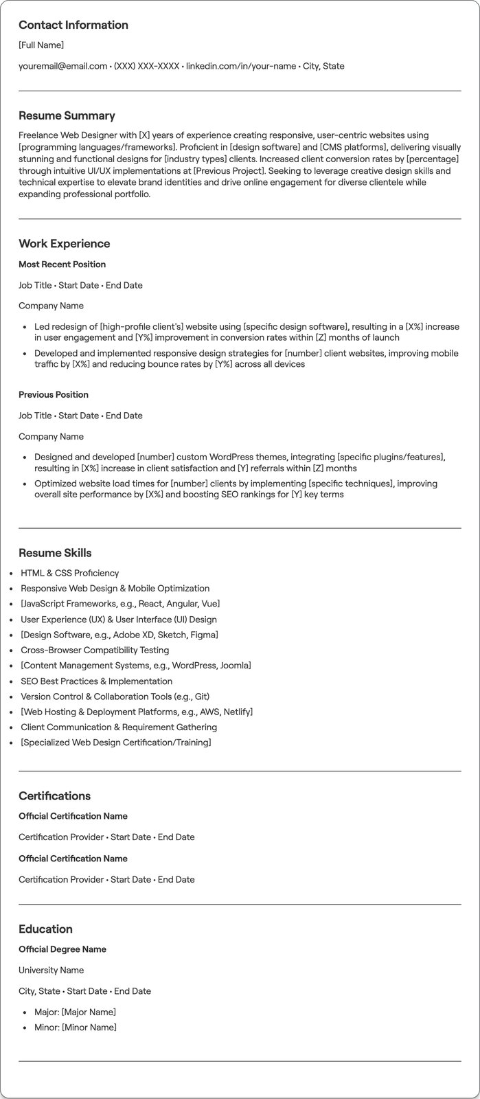 Freelance Web Designer resume example