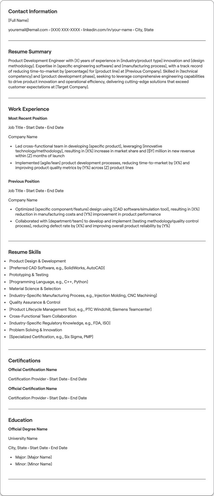 Product Development Engineer resume example