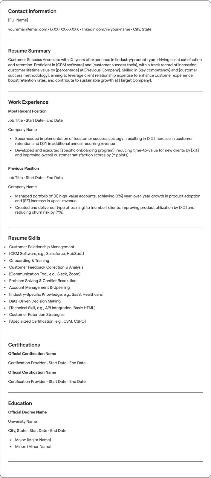 Customer Success Associate resume example