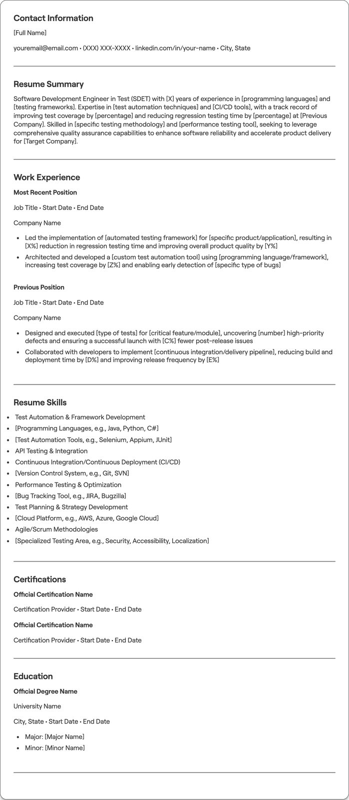 Software Development Engineer in Test (SDET) resume example