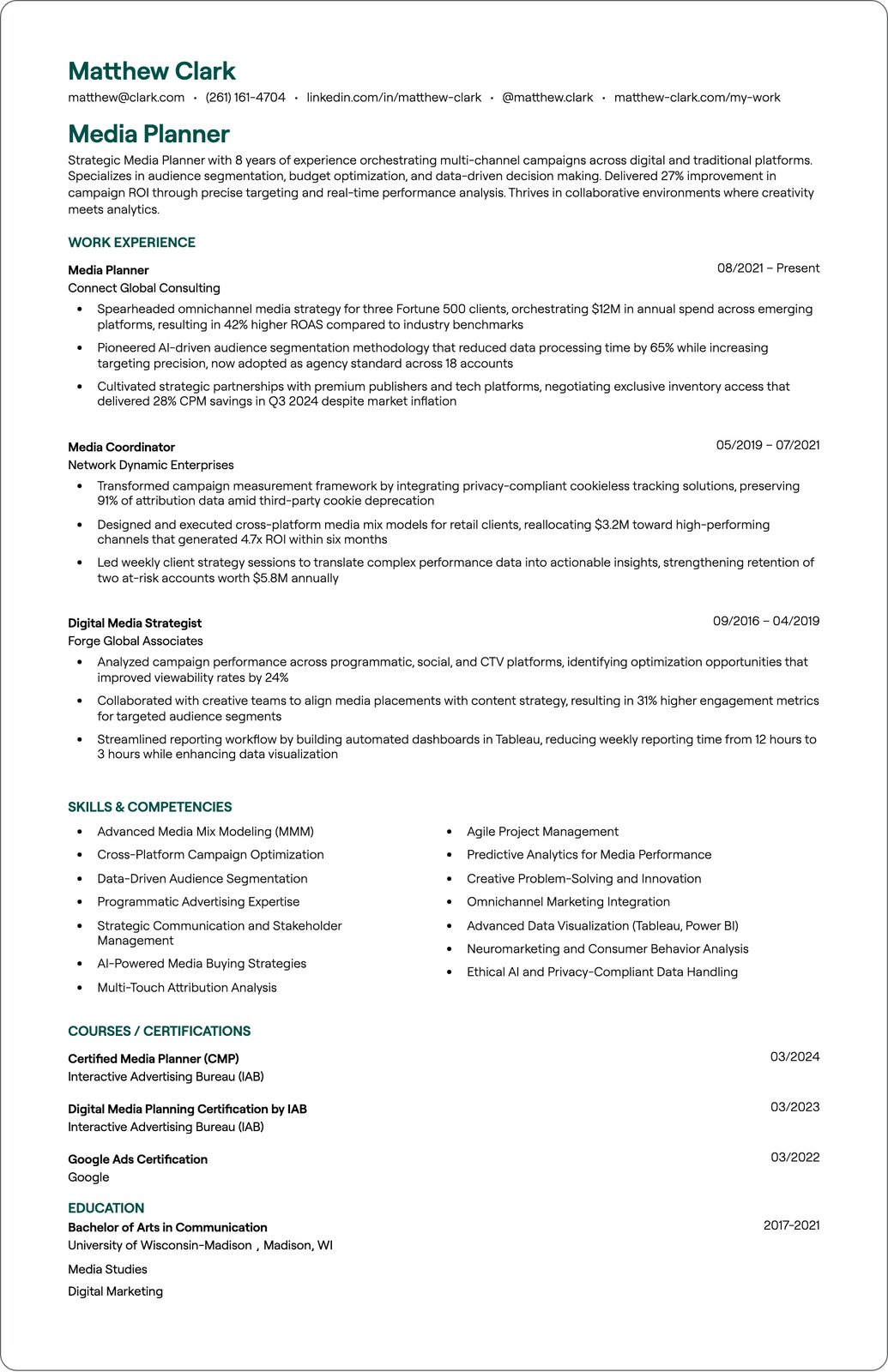 Media Planner resume example