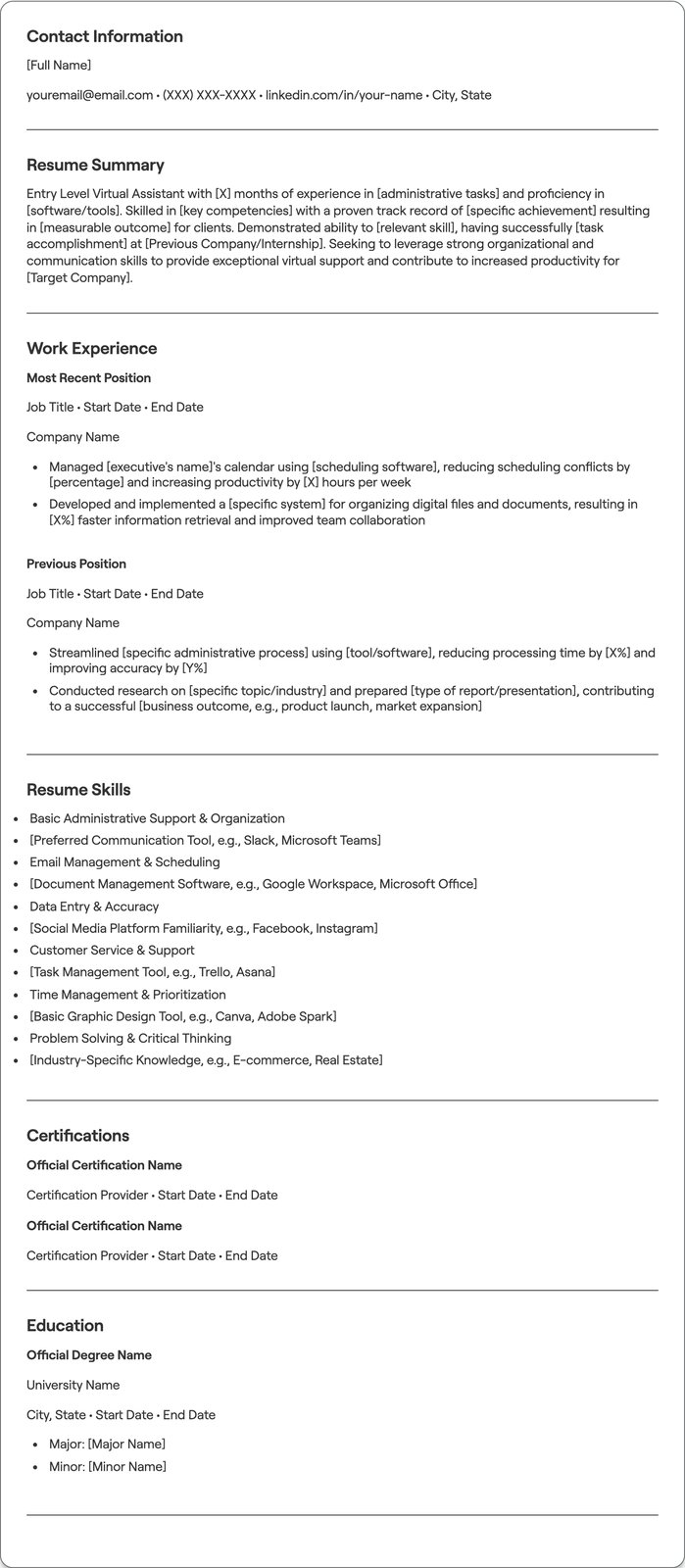Entry Level Virtual Assistant resume example