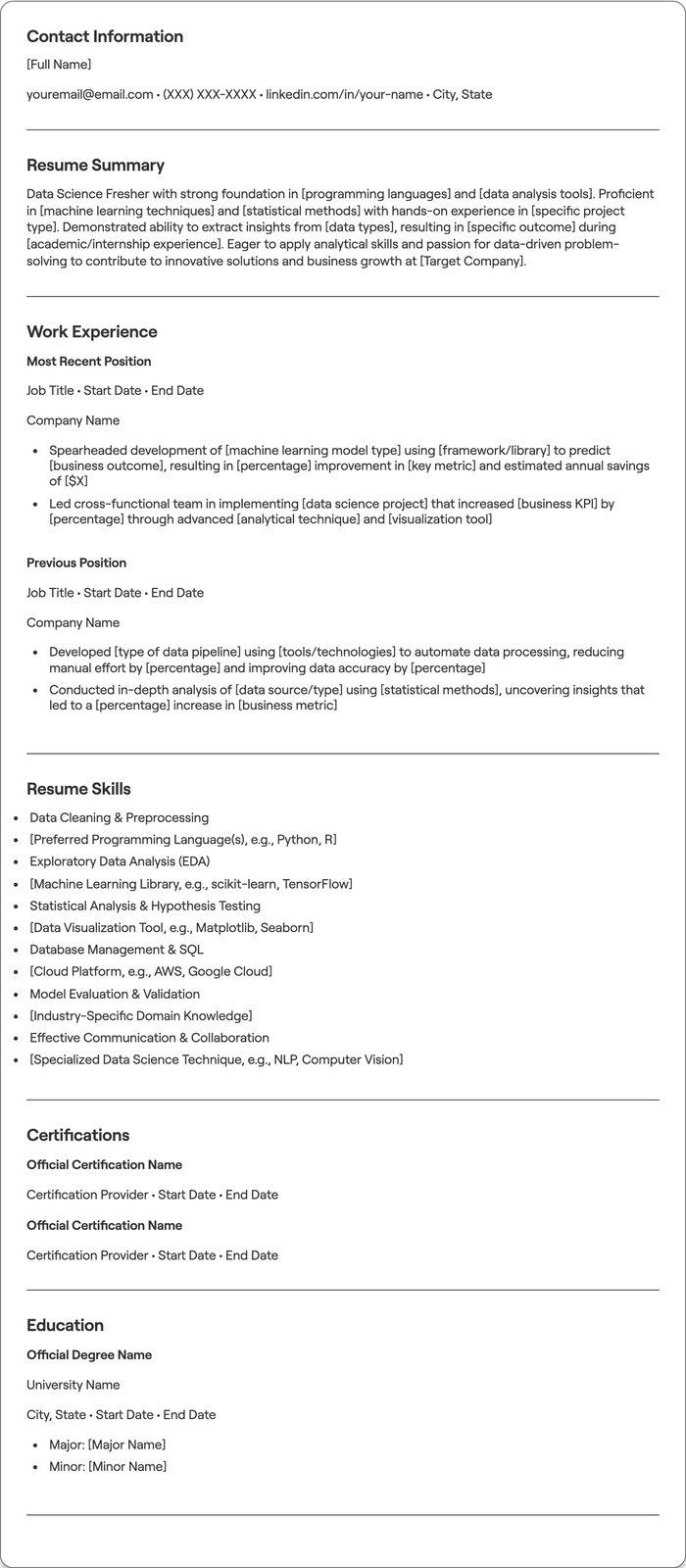 Data Science Fresher resume example