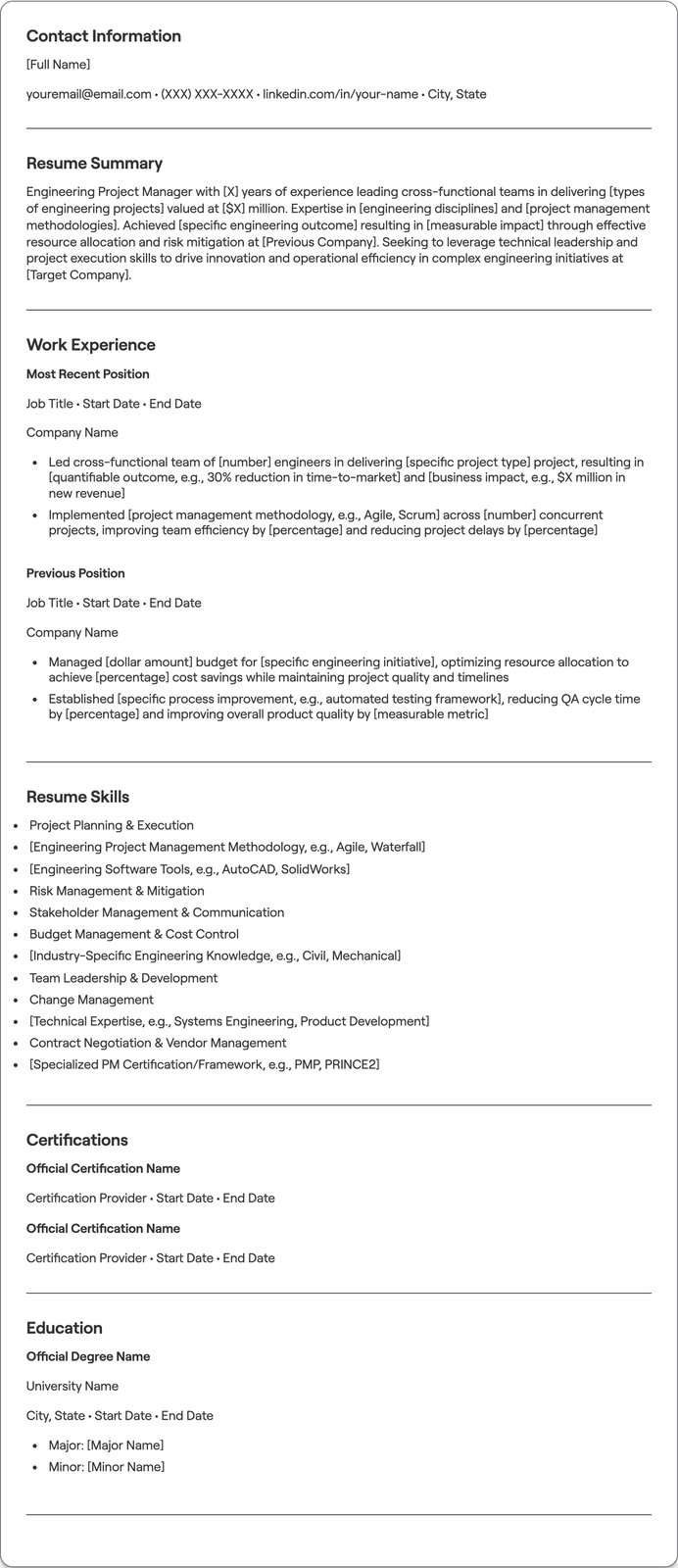 Engineering Project Manager resume example