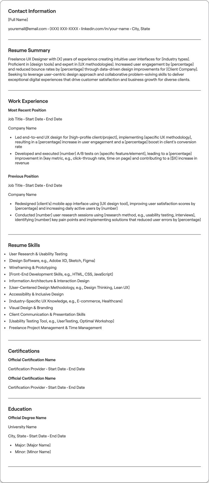 Freelance UX Designer resume example