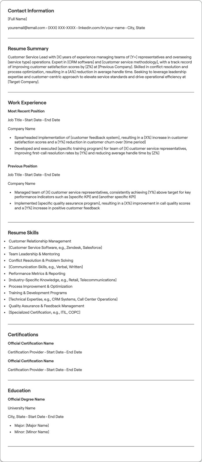 Customer Service Lead resume example