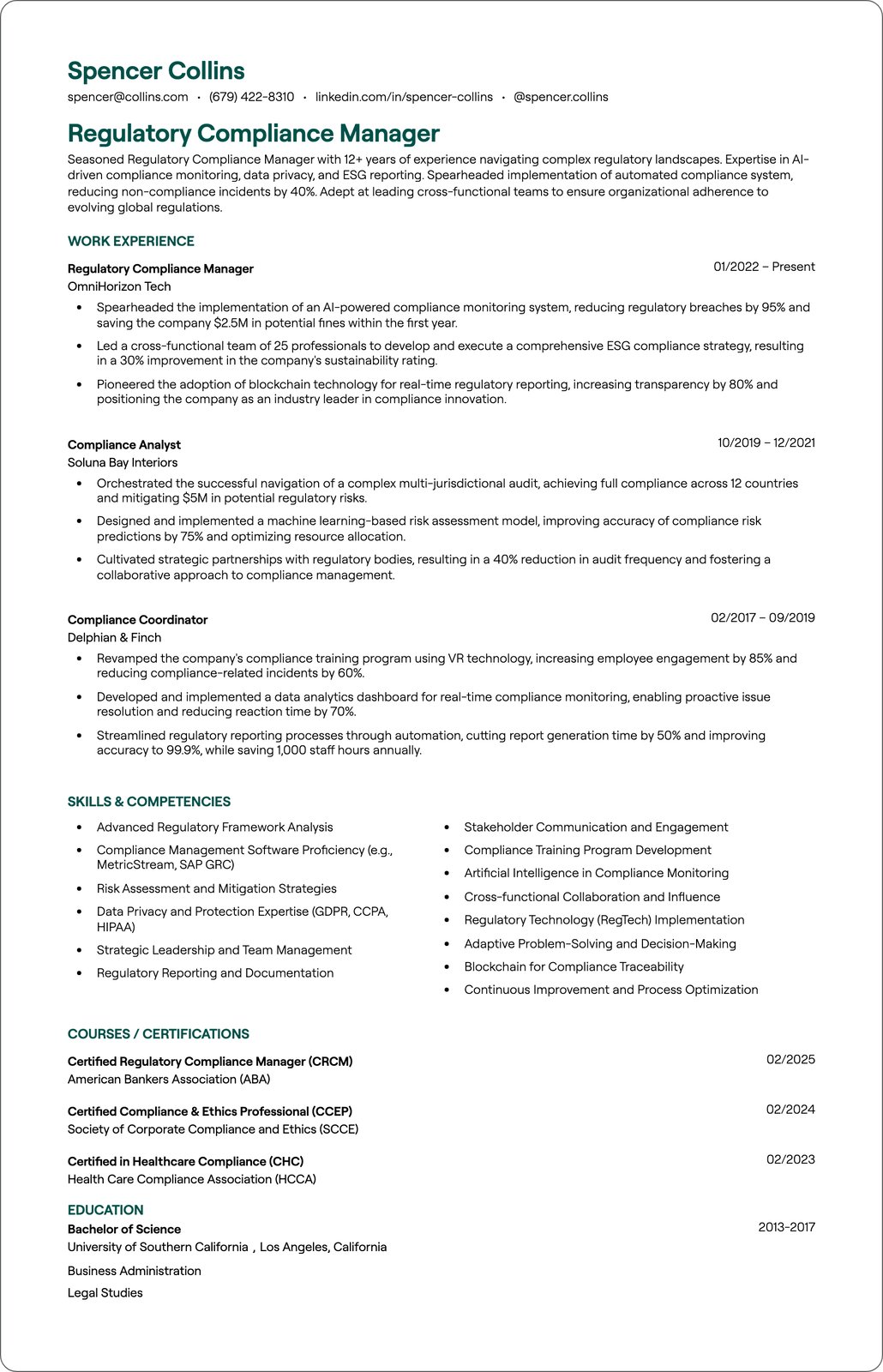 Compliance Manager resume example