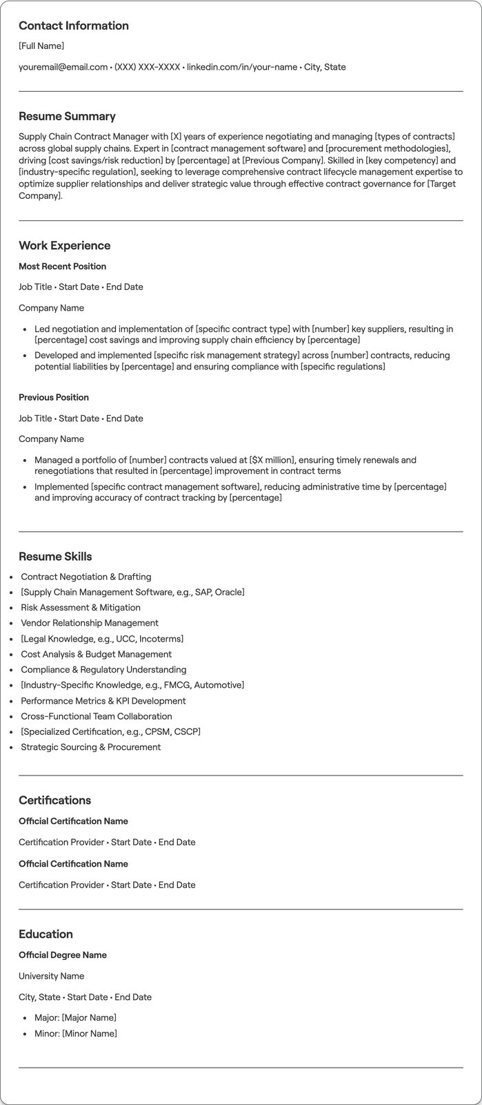 Supply Chain Contract Manager resume example
