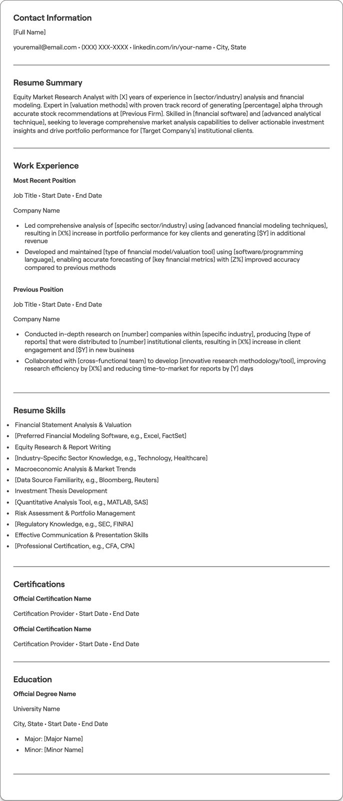 Equity Market Research Analyst resume example