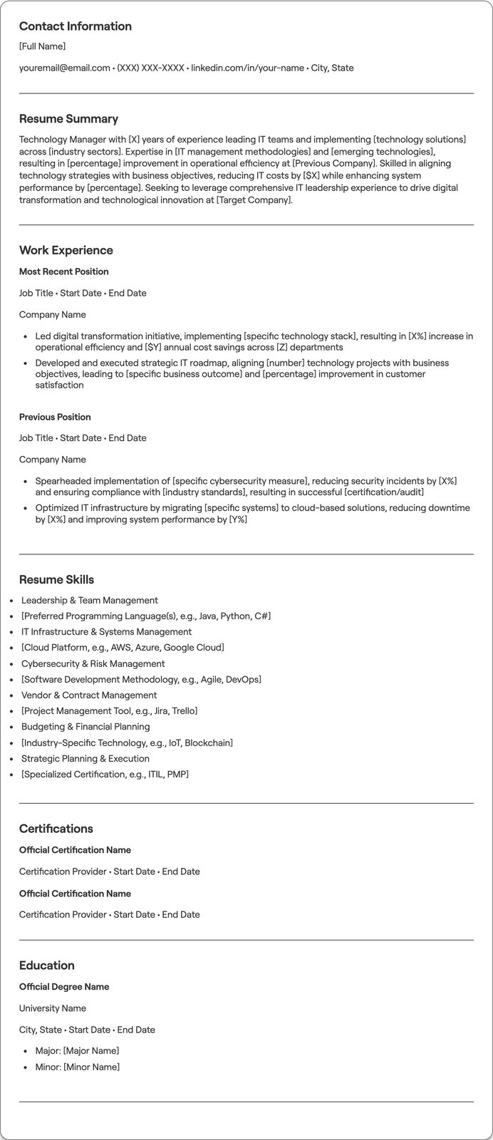 Technology Manager resume example