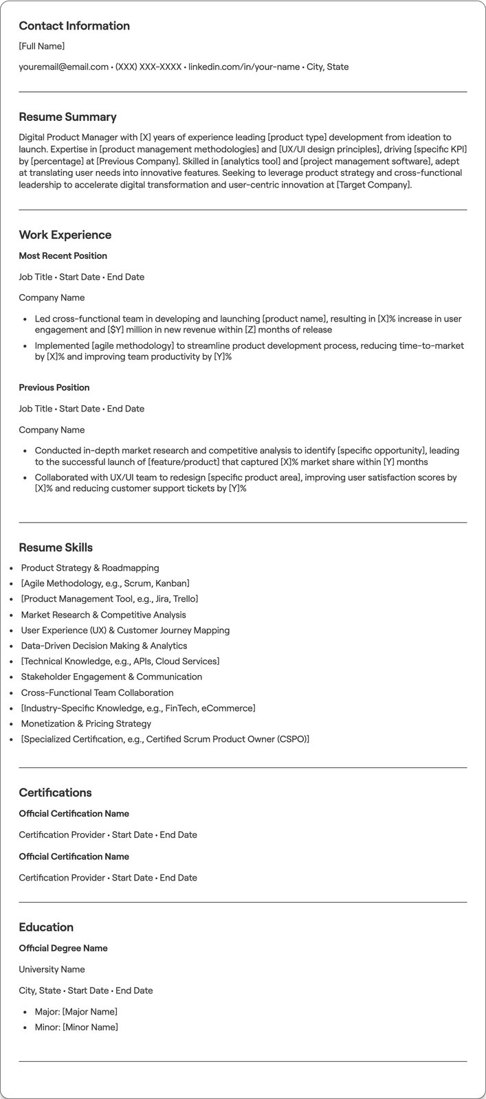 Digital Product Manager resume example