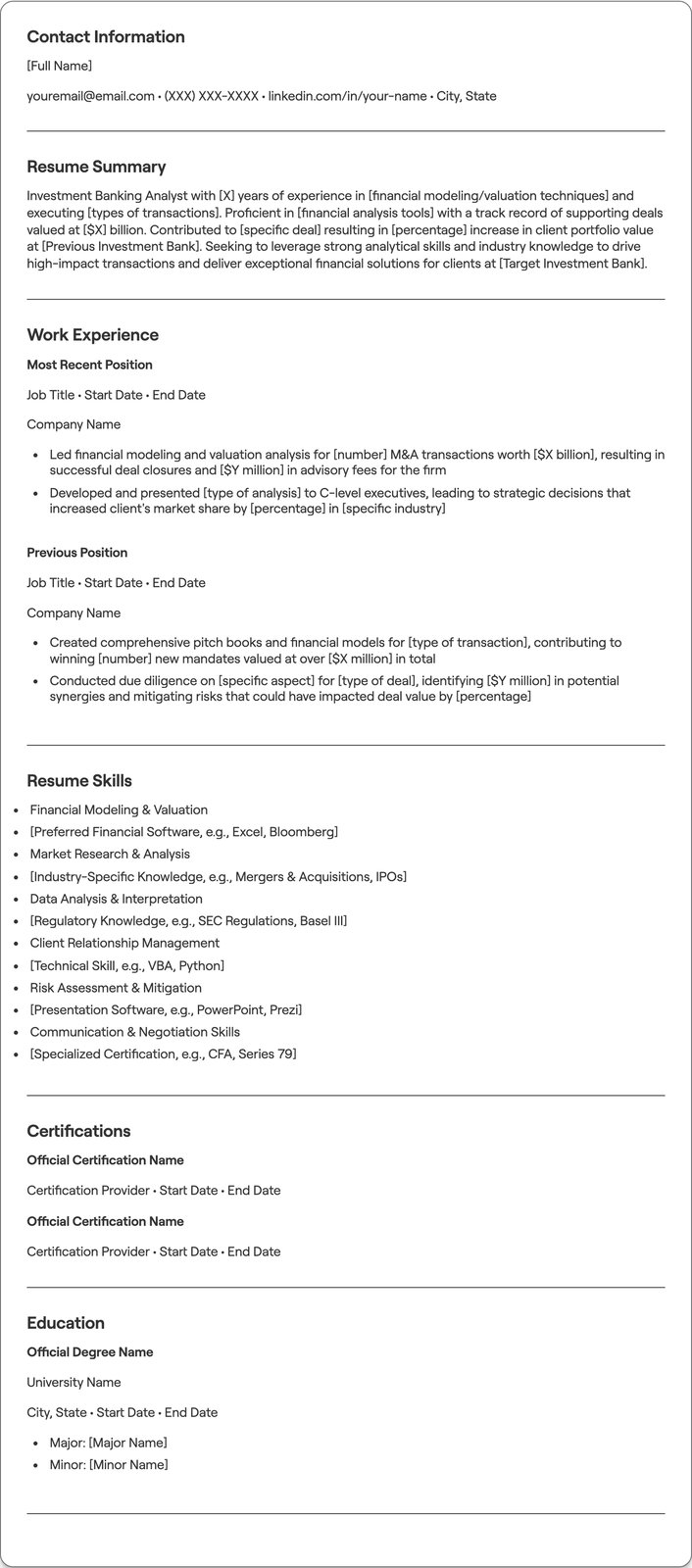 Investment Banking Analyst resume example