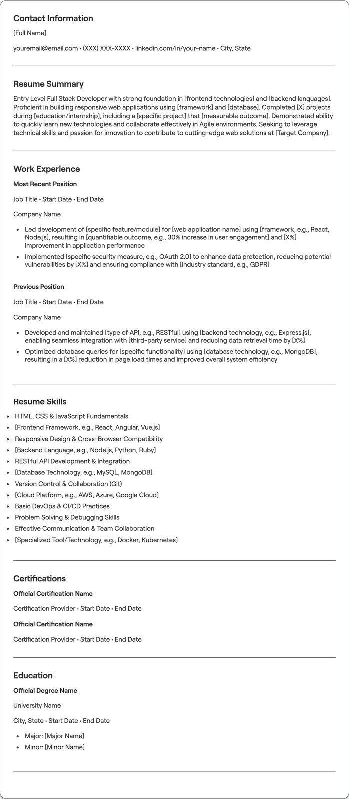 Entry Level Full Stack Developer resume example