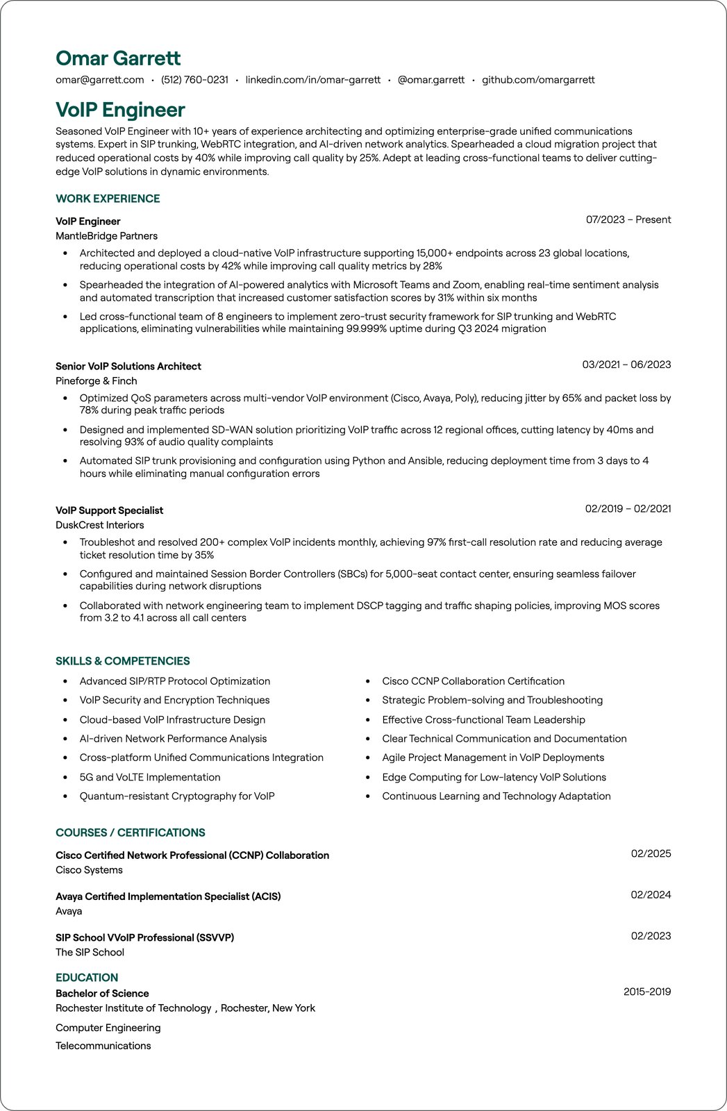 VoIP Engineer resume example