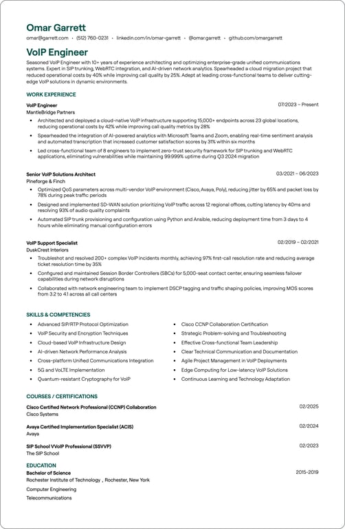 VoIP Engineer resume preview