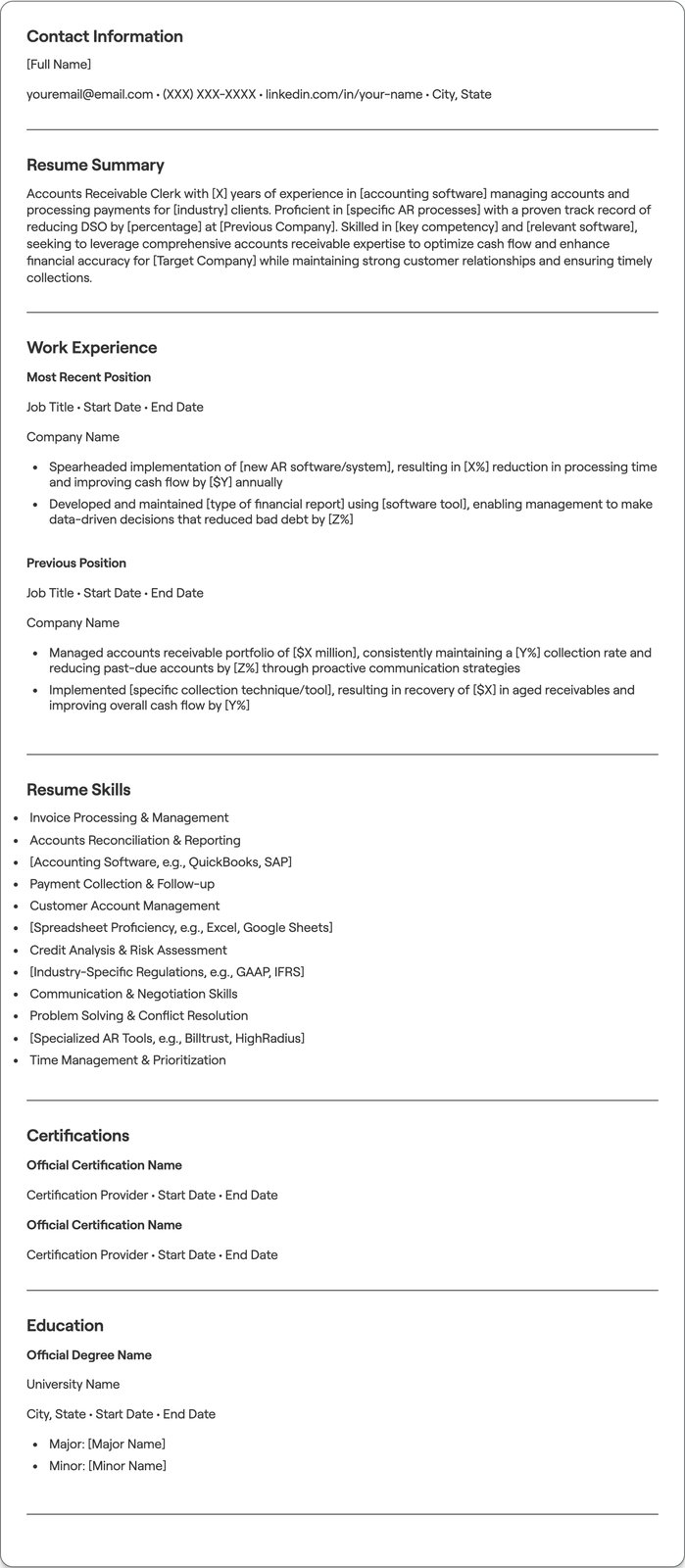 Accounts Receivable Clerk resume example