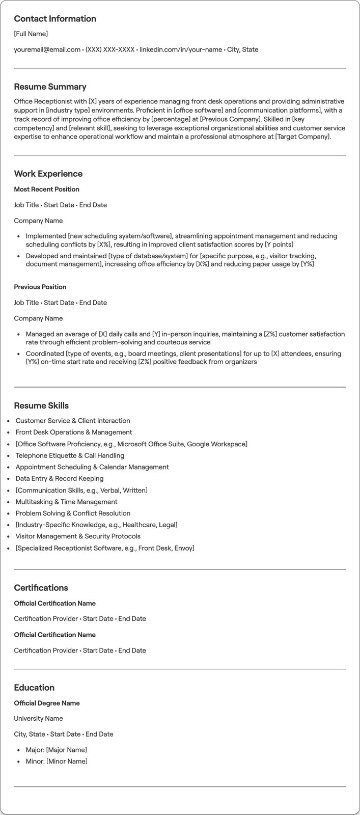 Office Receptionist resume example