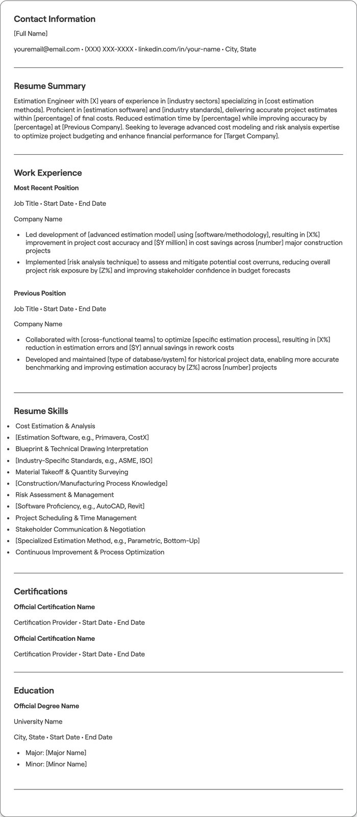 Estimation Engineer resume example