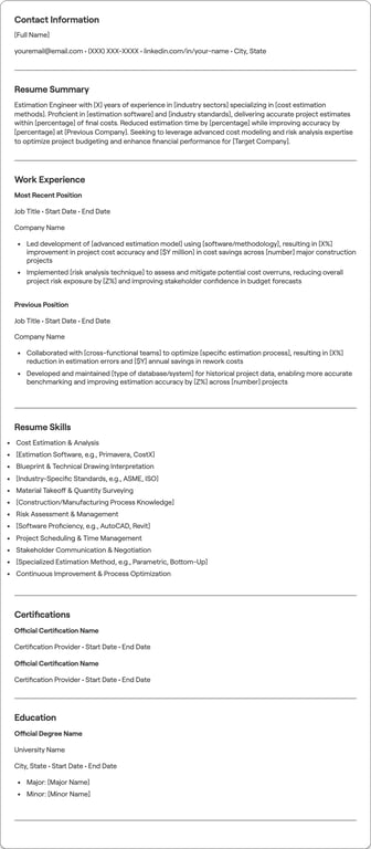 Estimation Engineer resume preview