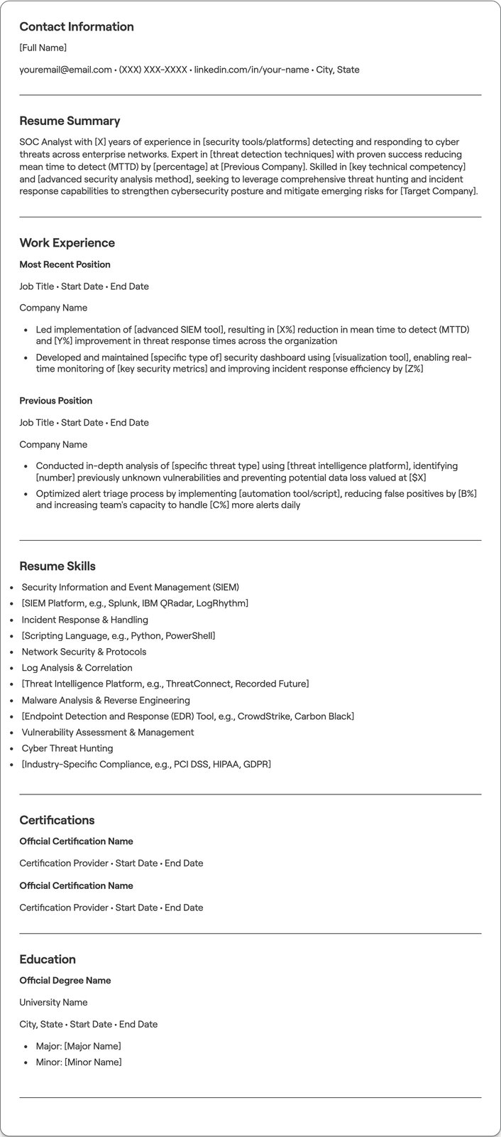 SOC Analyst resume example