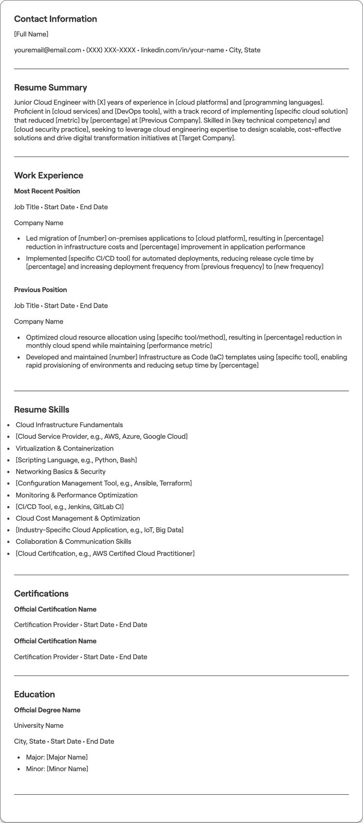 Junior Cloud Engineer resume example