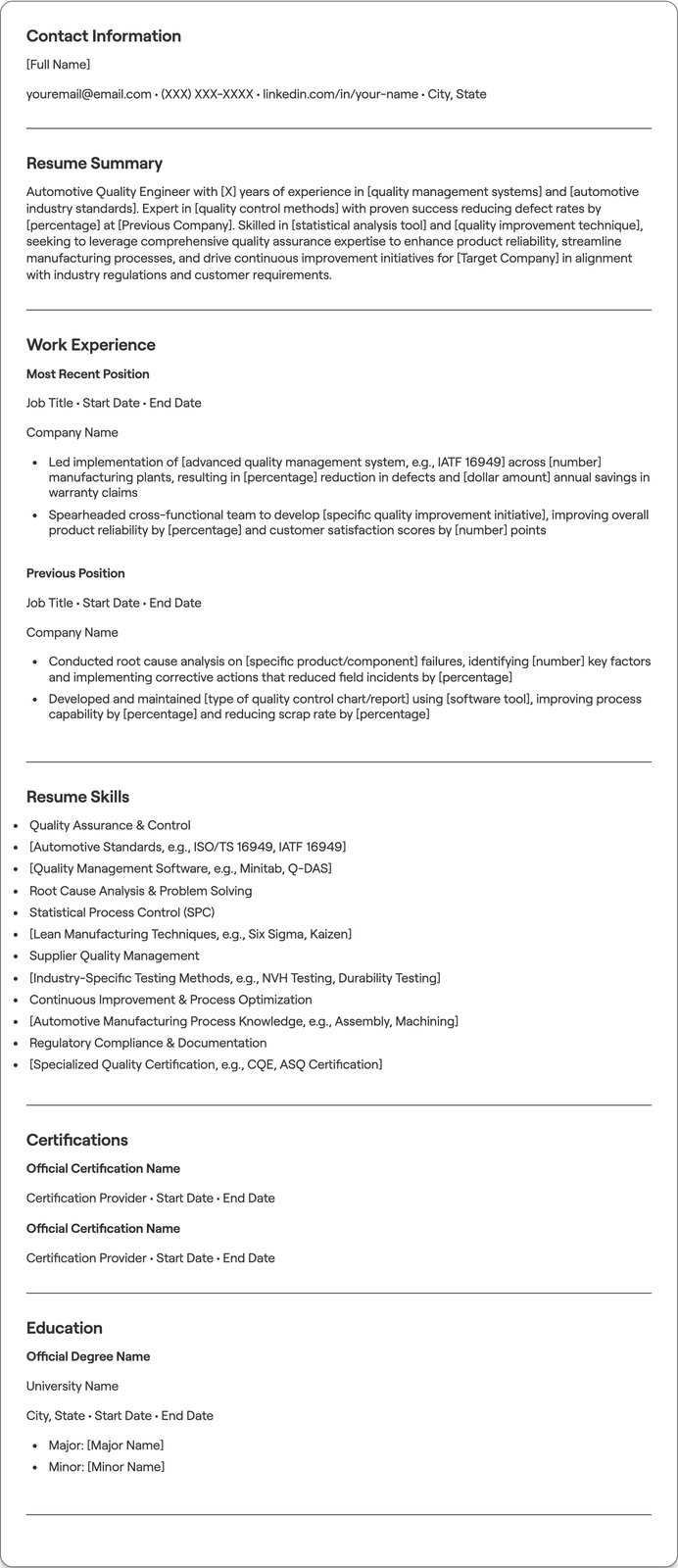 Automotive Quality Engineer resume example