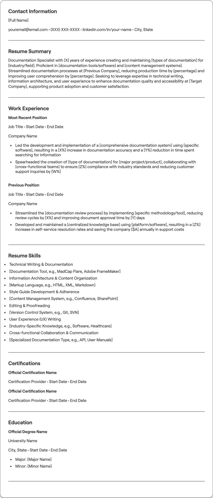 Documentation Specialist resume example
