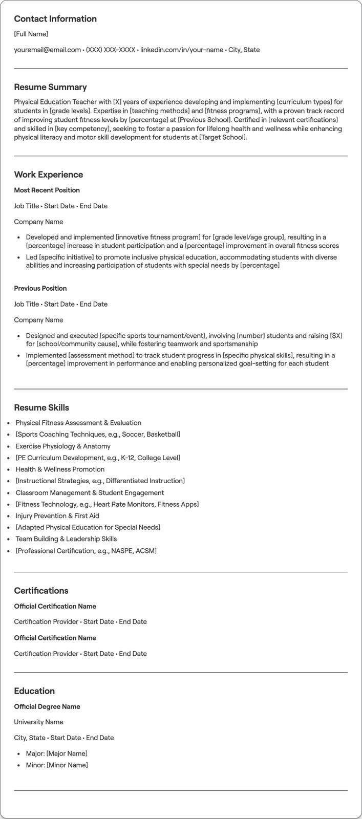 Physical Education resume example