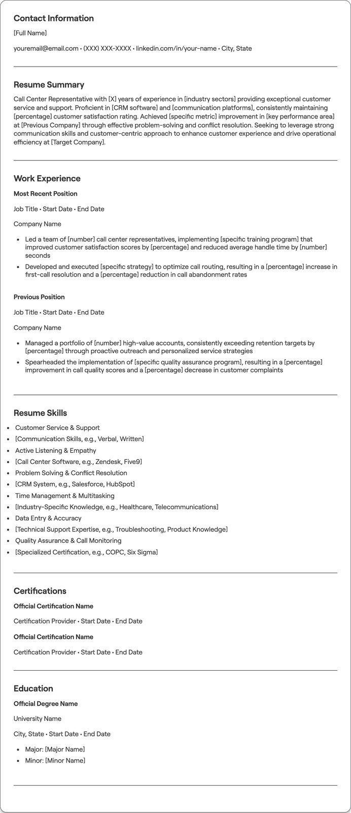 Call Center resume example