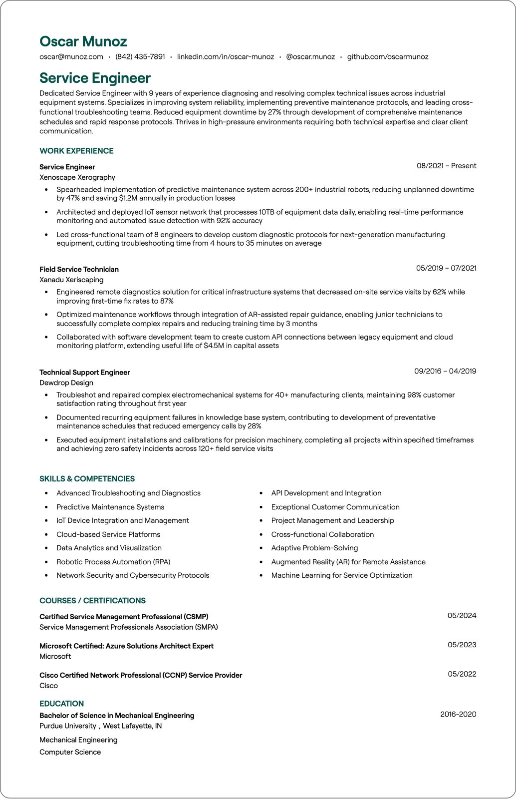 Service Engineer resume example
