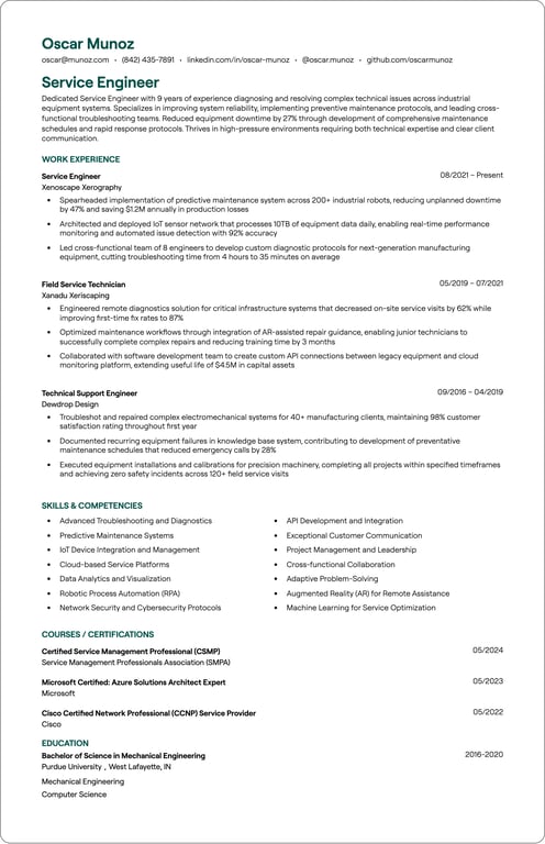 Service Engineer resume example