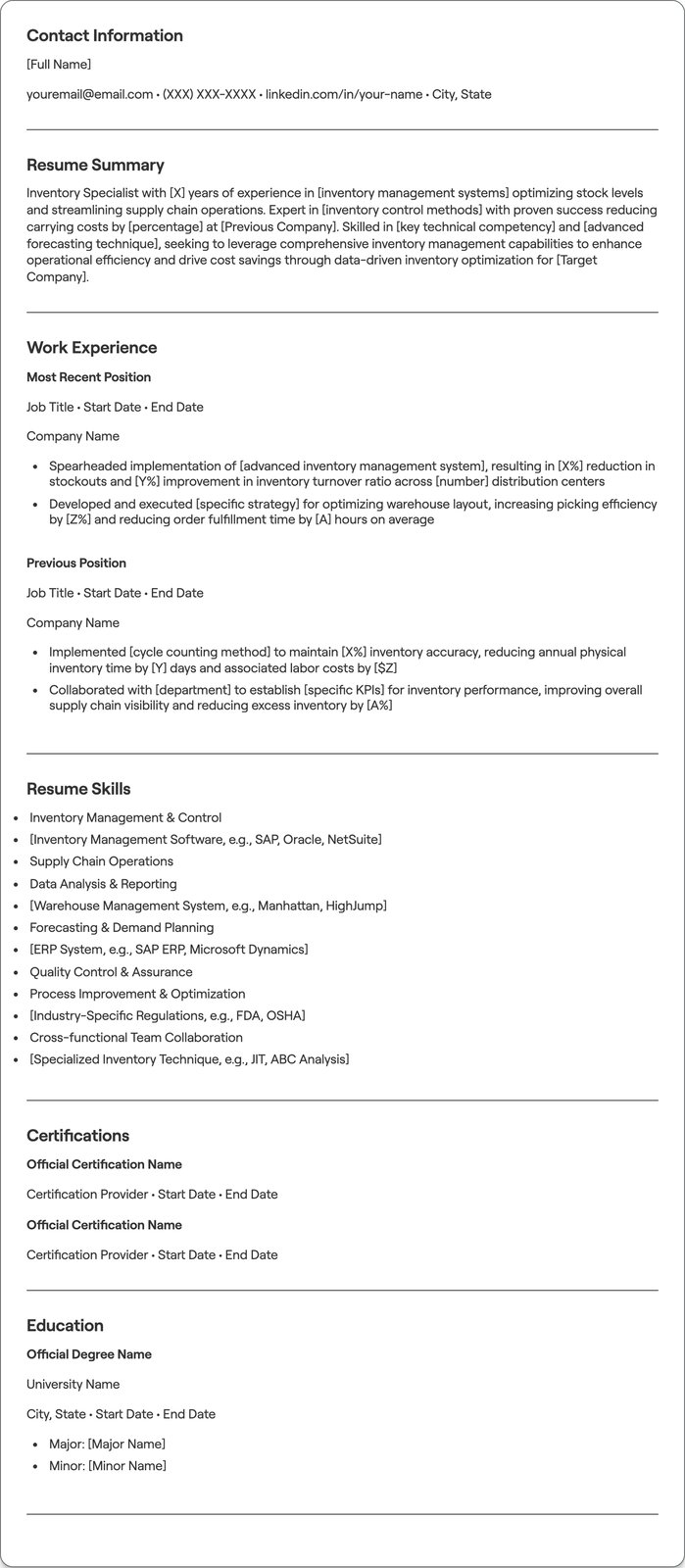 Inventory Specialist resume example