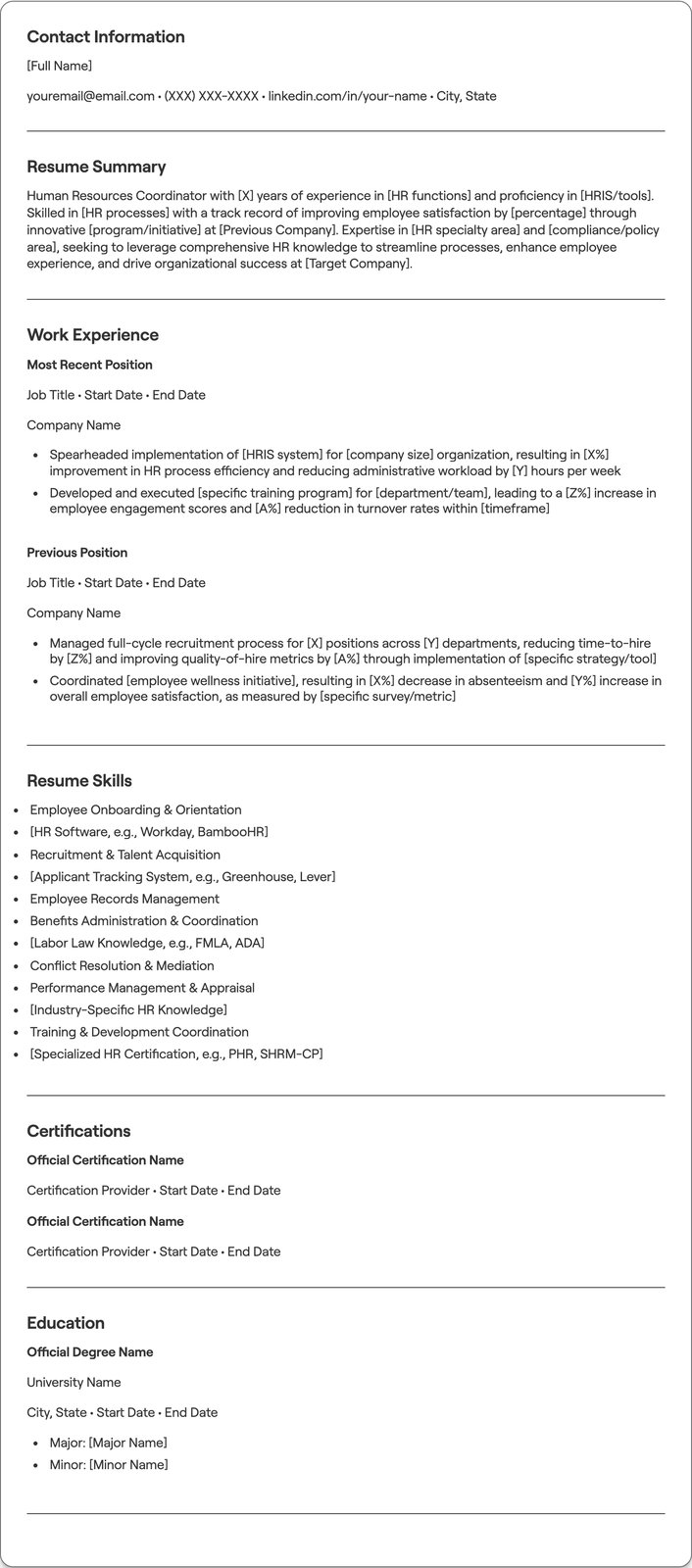 Human Resources Coordinator resume example