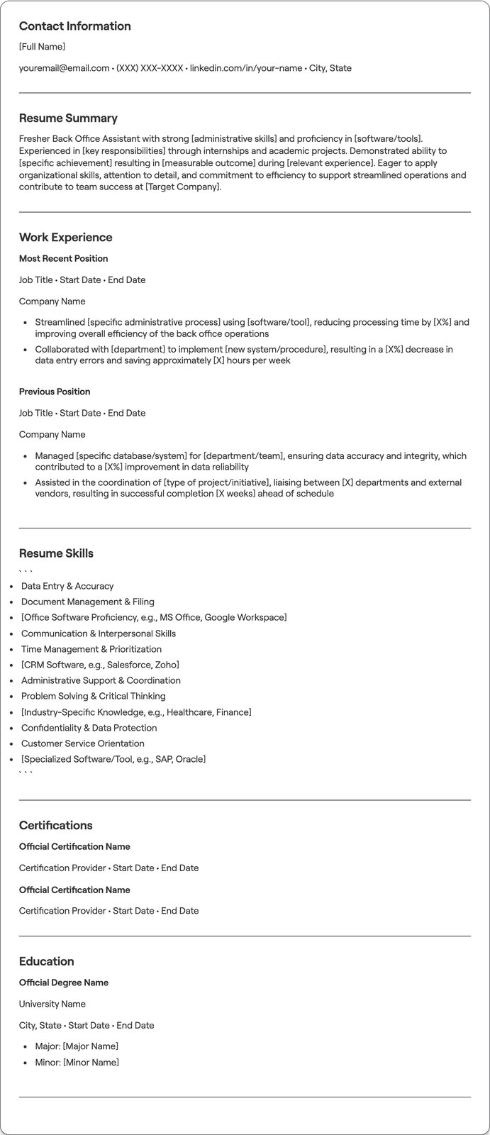 Fresher Back Office Assistant resume example