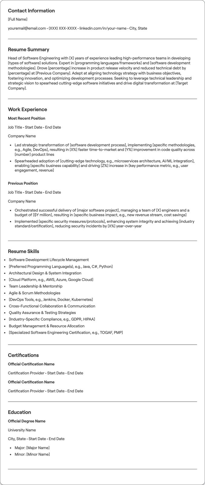 Head of Software Engineering resume example