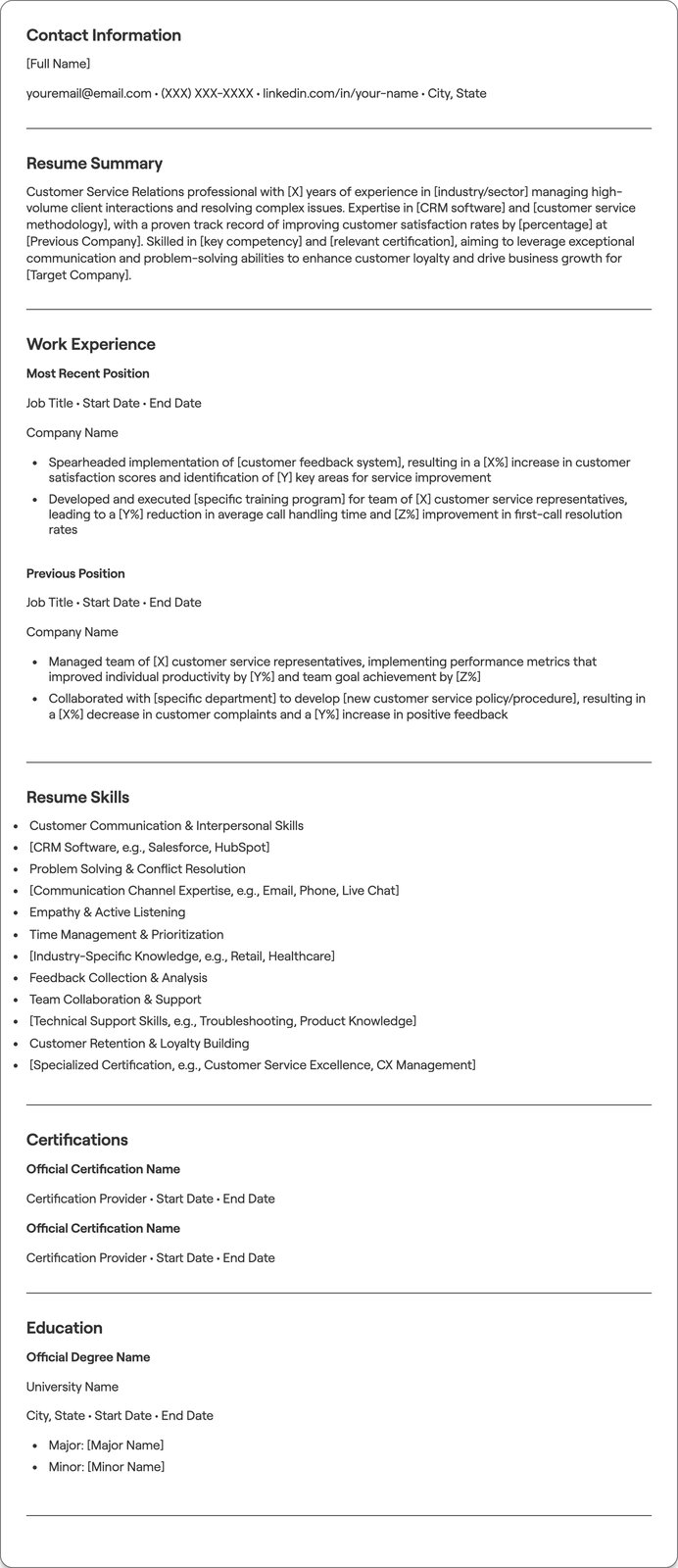 Customer Service Relations resume example