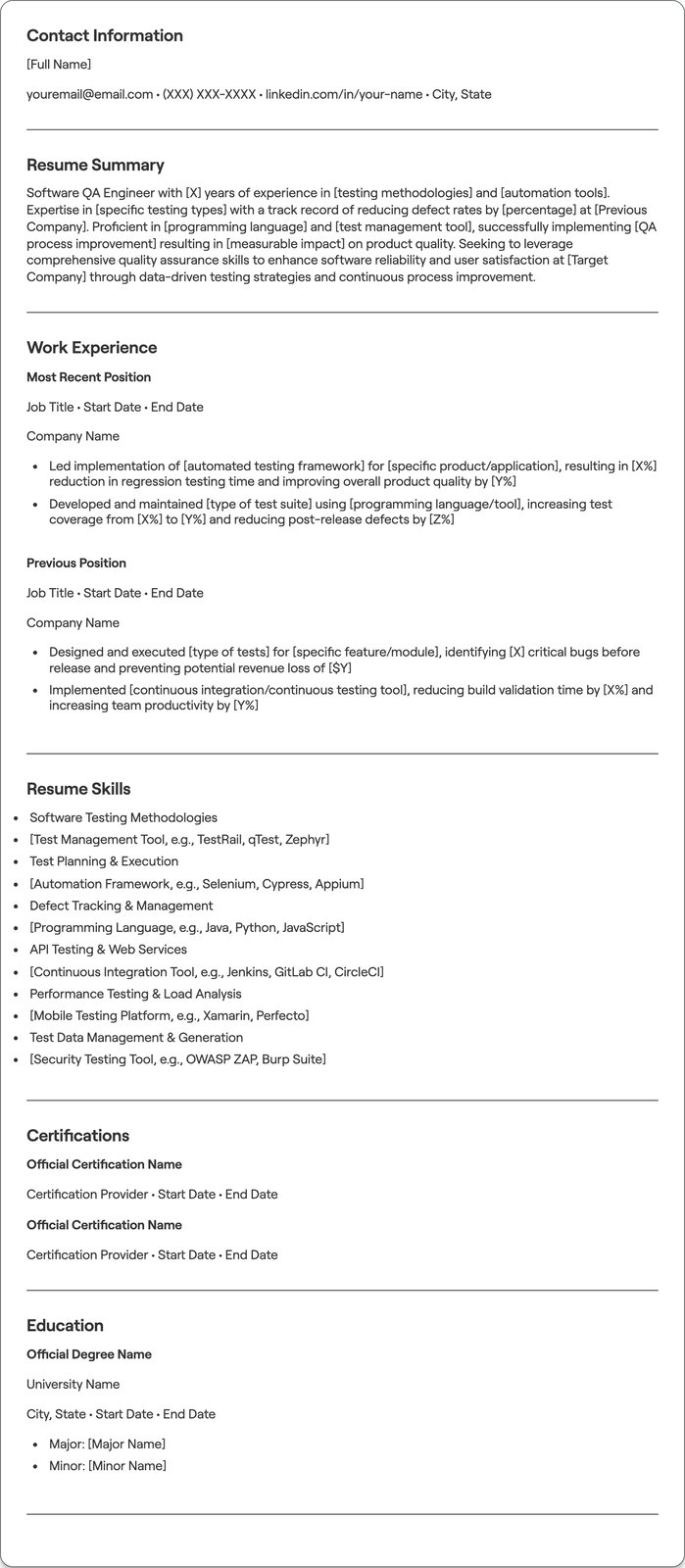 Software QA Engineer resume example