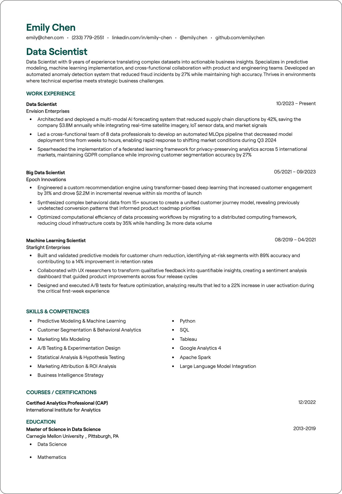 Junior Data Scientist resume example