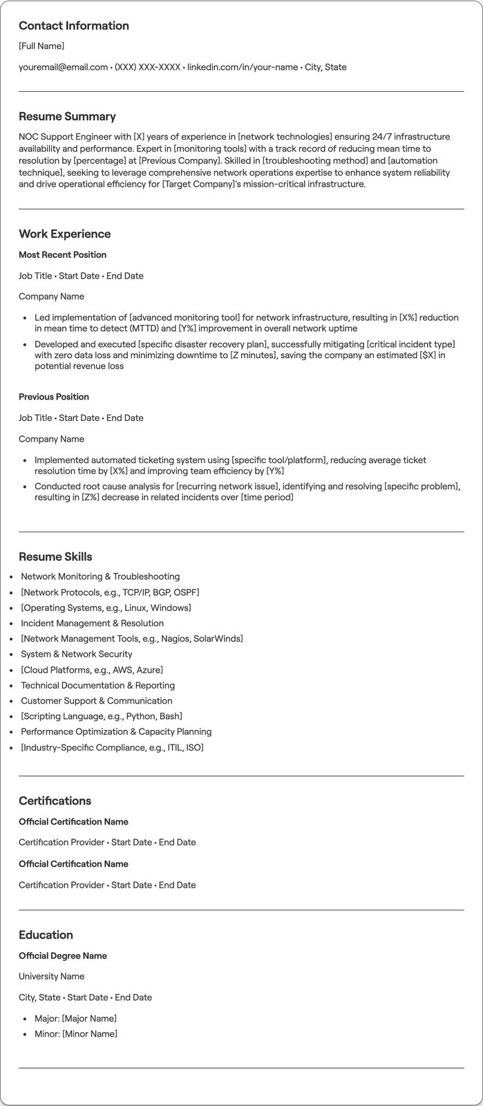 NOC Support Engineer resume example