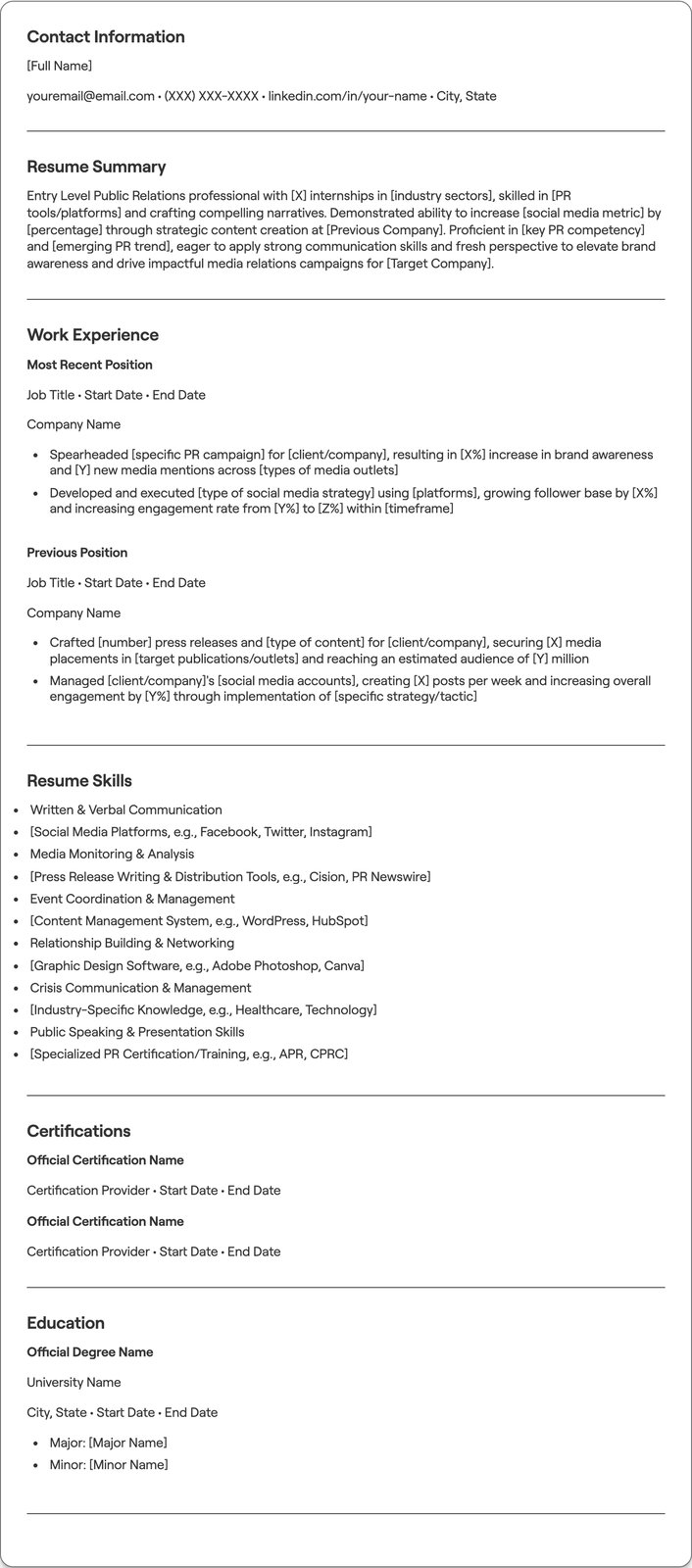 Entry Level Public Relations resume example