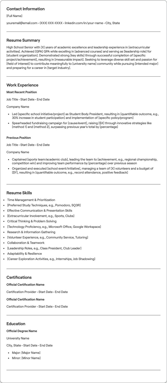 High School Senior resume example