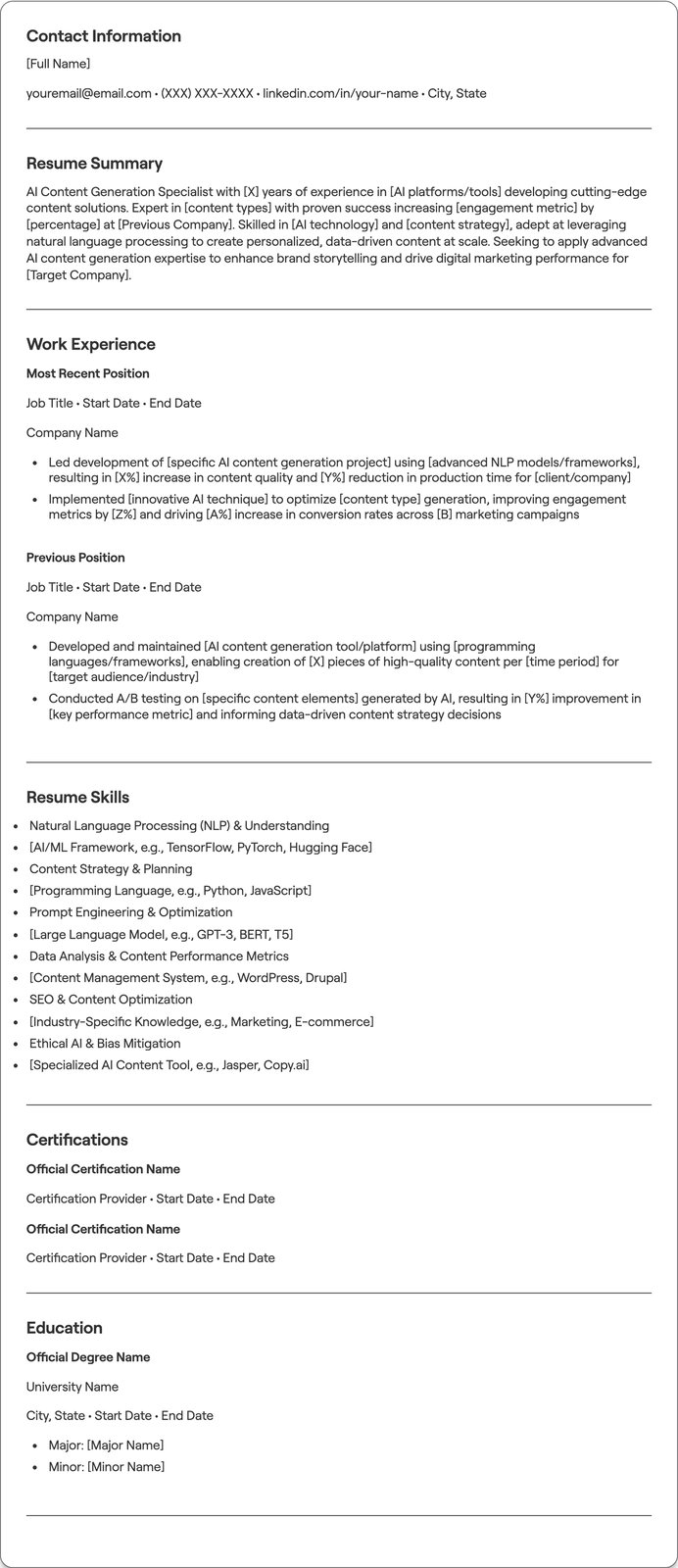 AI Content Generation Specialist resume example