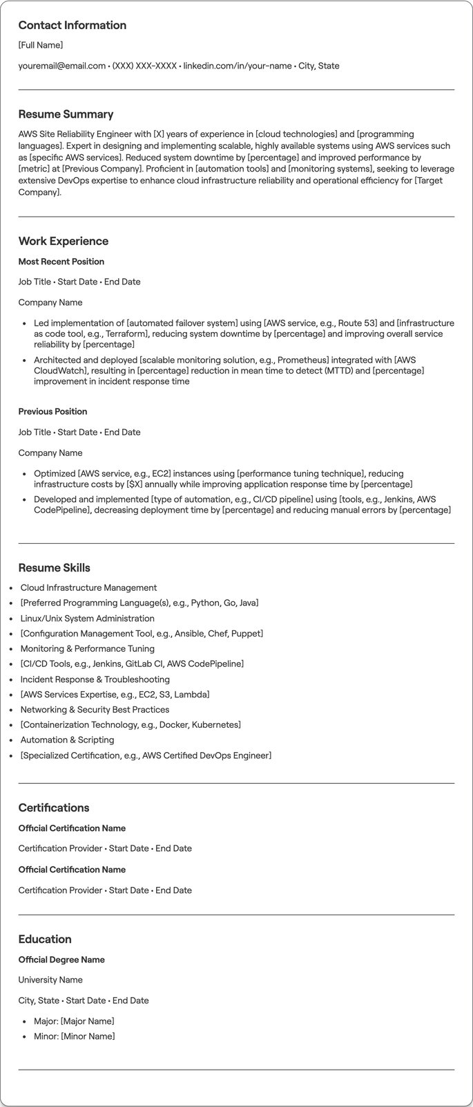 AWS Site Reliability Engineer resume example