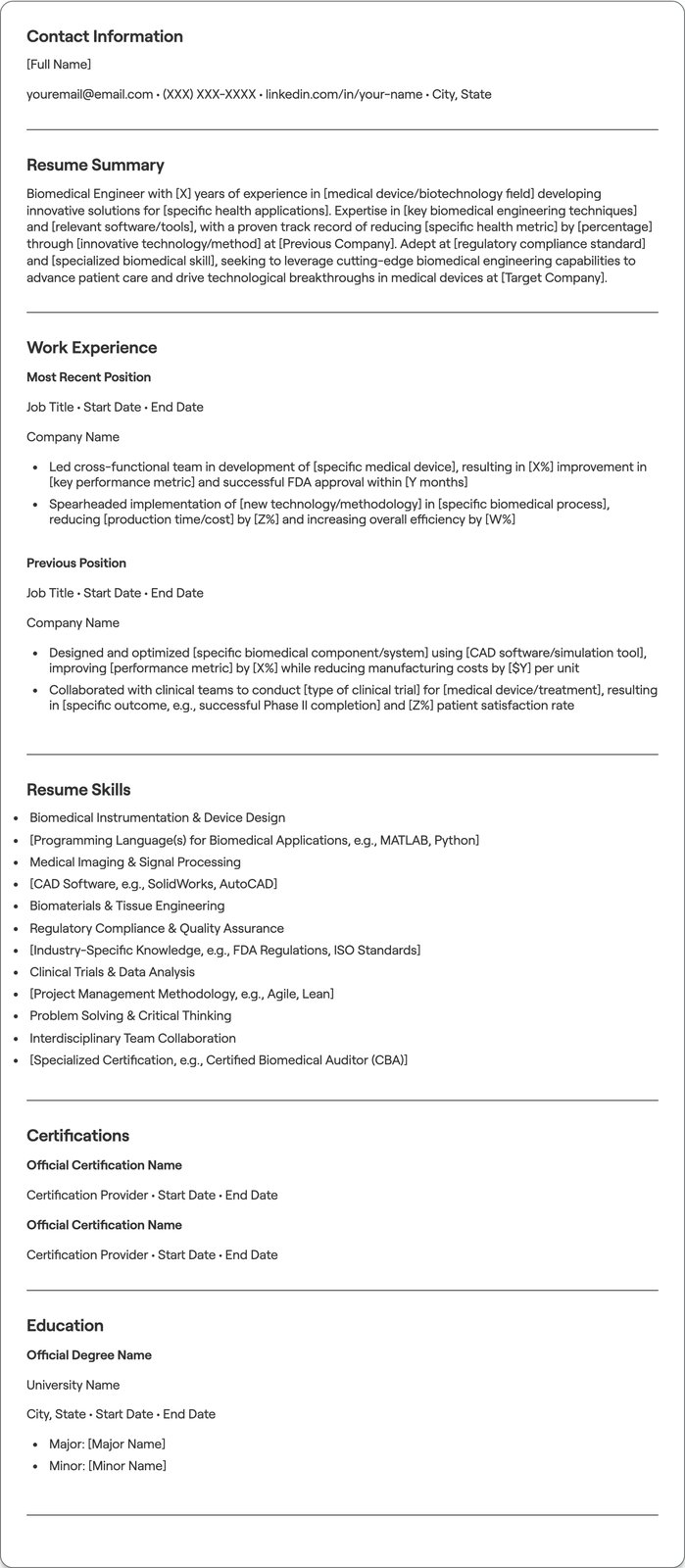 Biomedical Engineer resume example