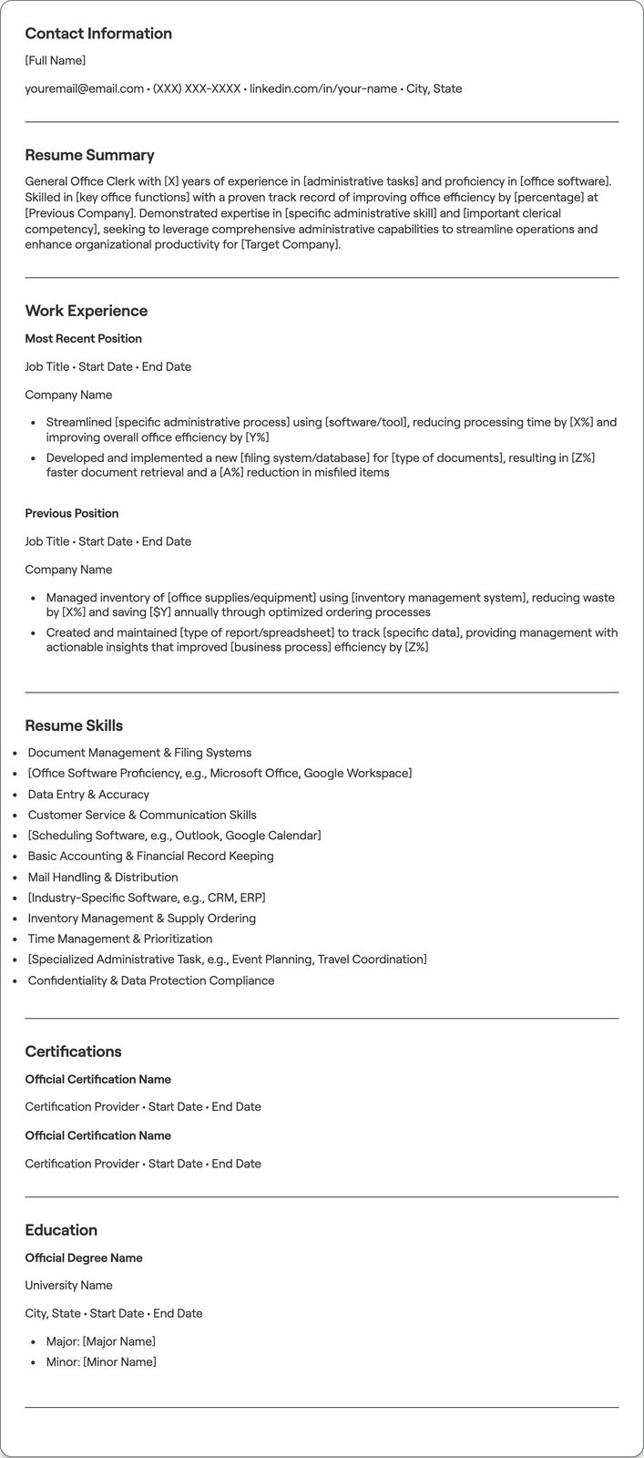 General Office Clerk resume example