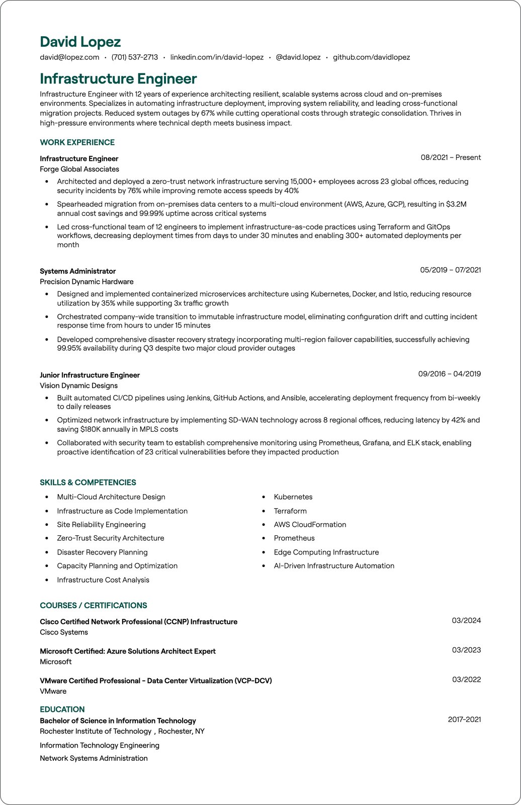 Infrastructure Engineer resume example