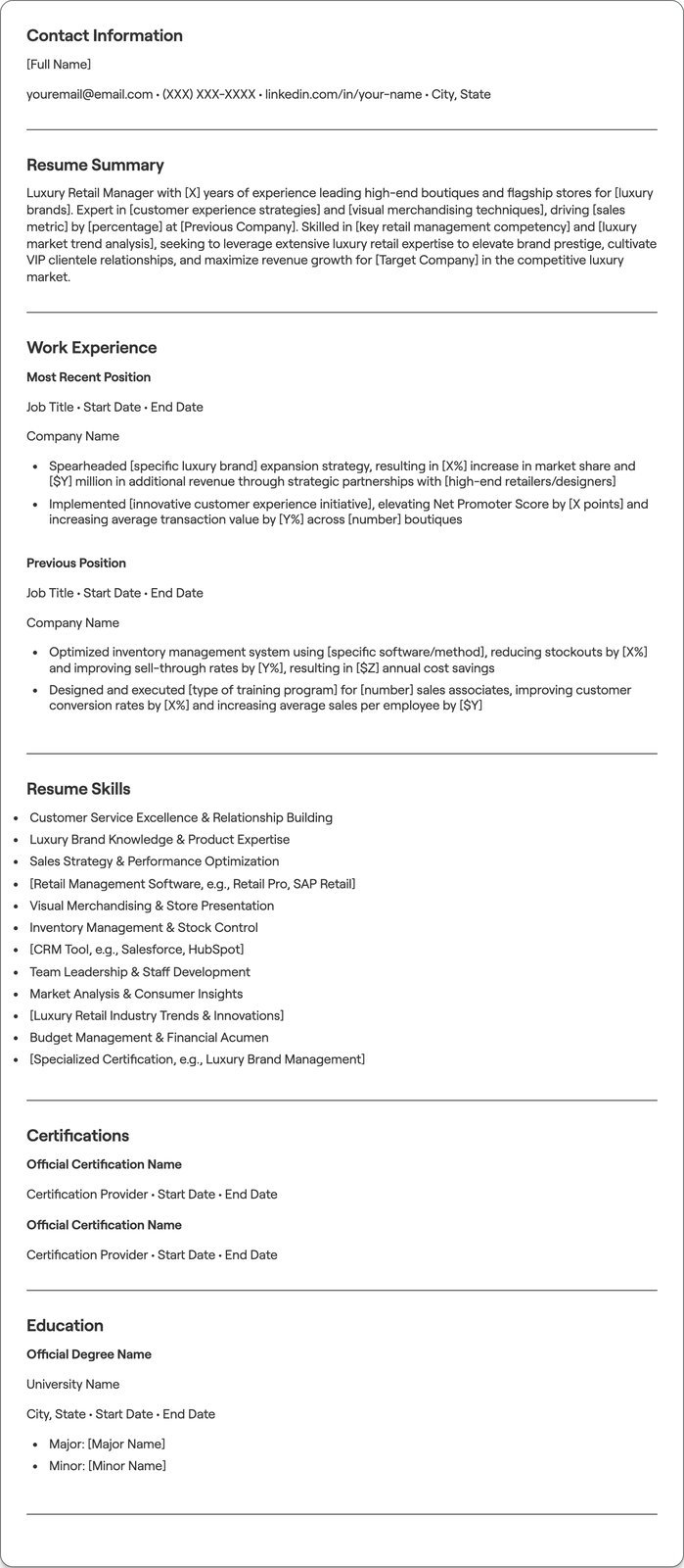 Luxury Retail Manager resume example