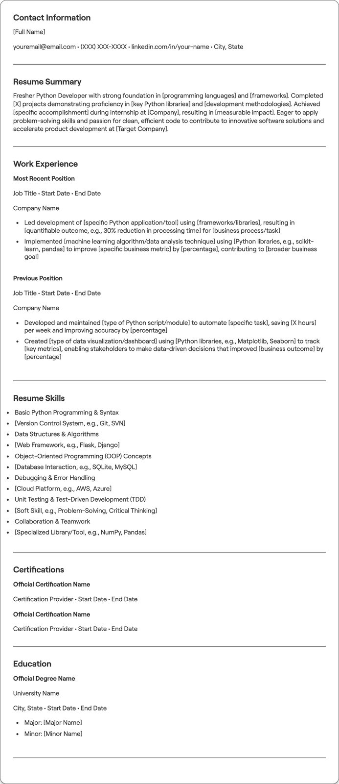 Fresher Python resume example