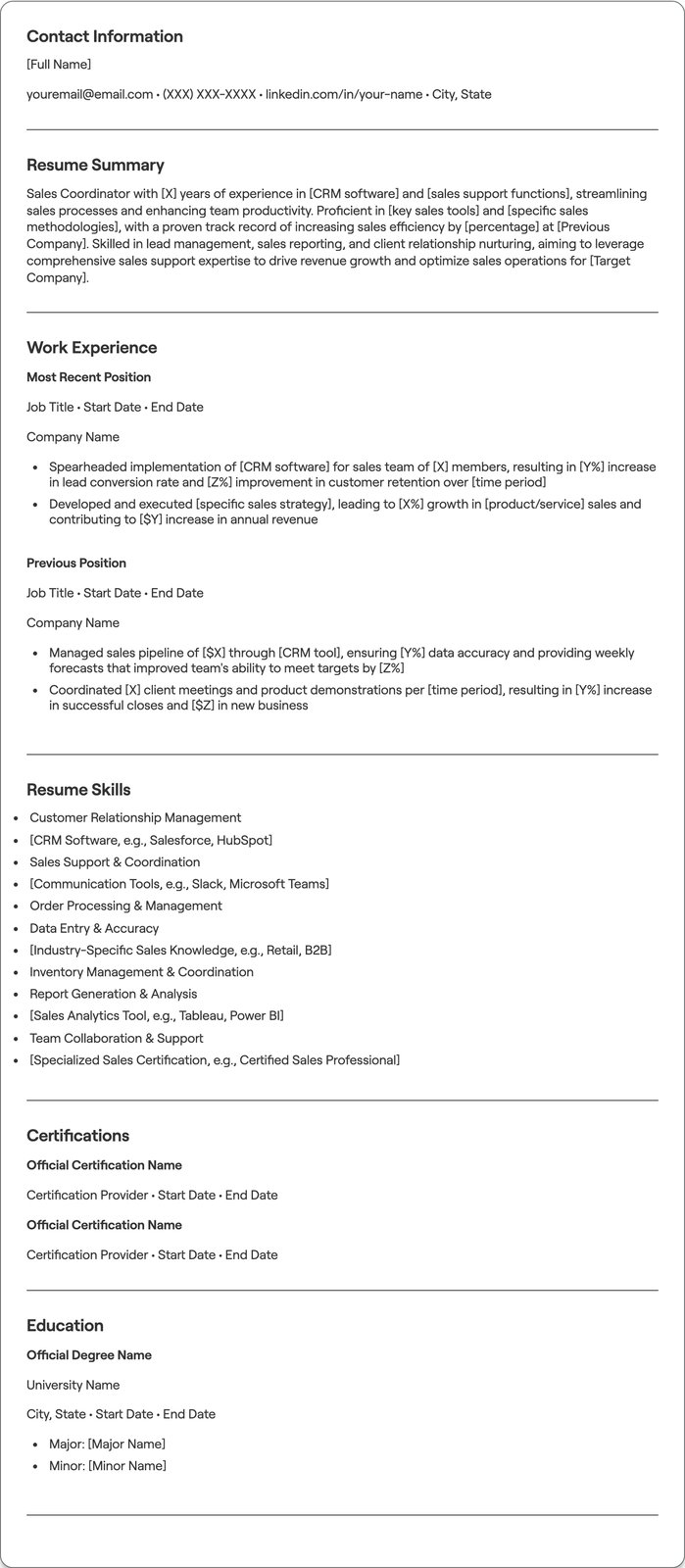 Sales Coordinator resume example
